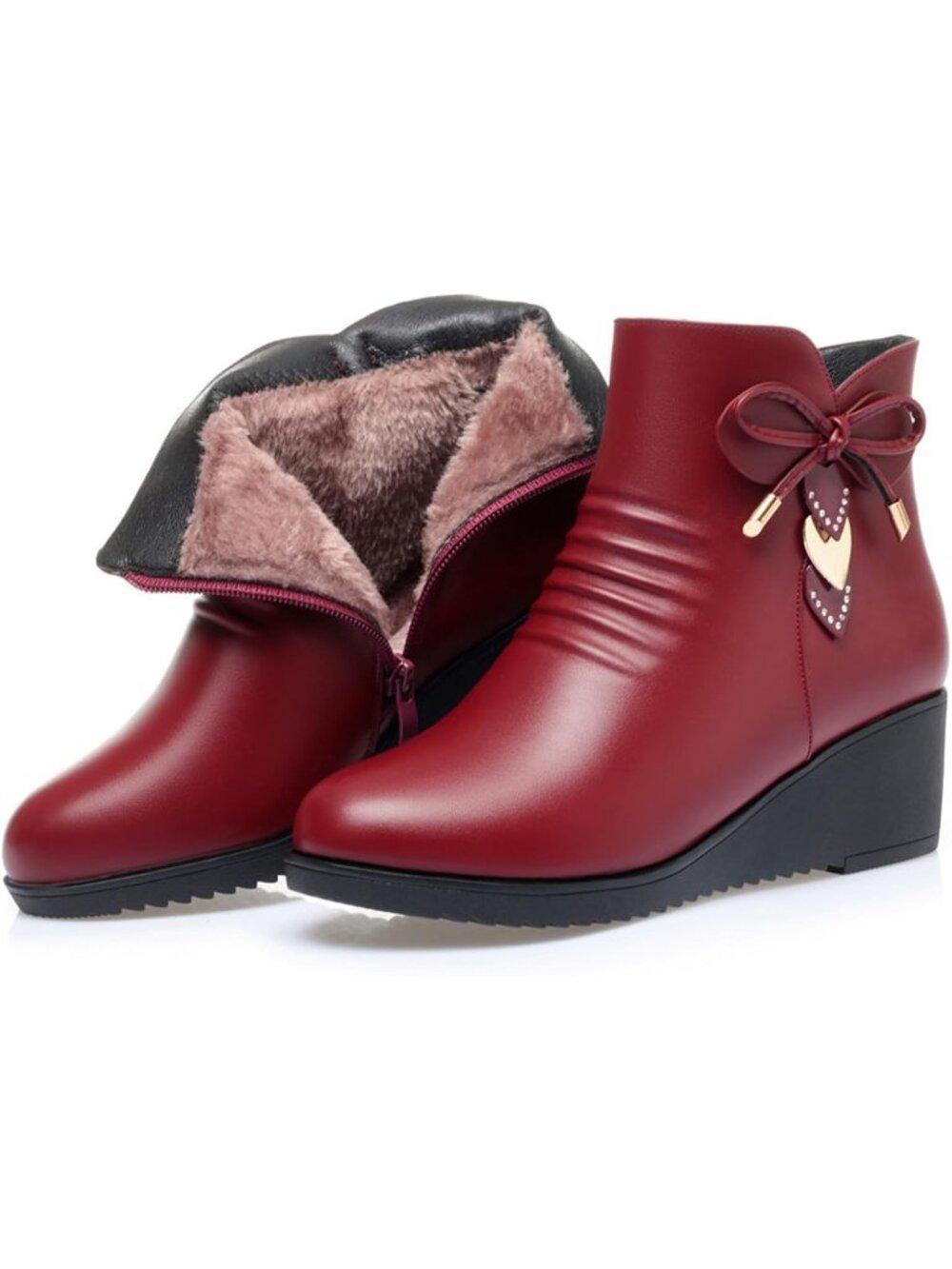 Women's Red B Wedge Heel Ankle Booties Leather Platform Sparkling Rhinestones